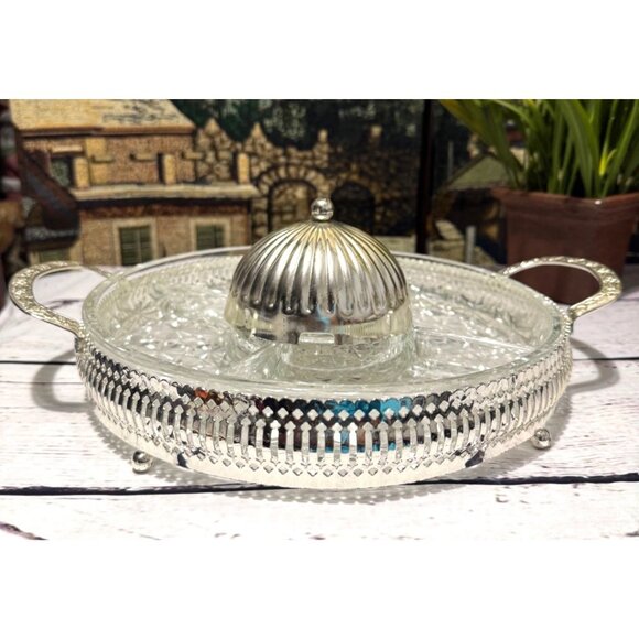 Vintage Silver-Plated Glass Relish Tray With Lid & Handles - Picture 1 of 13